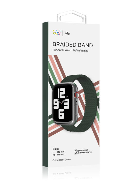 Ремешок нейлоновый плетёный VLP для Apple Watch 38/40/41, L/XL, тёмно-зелёный Ремешок нейлоновый плетёный VLP для Apple Watch 38/40/41, L/XL, тёмно-зелёный