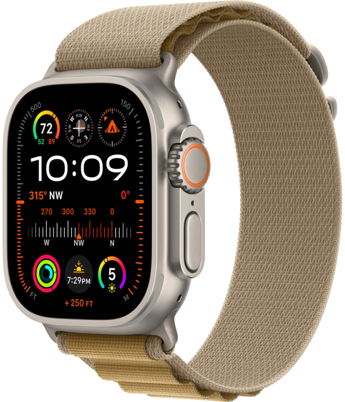 Фото Apple Watch Ultra 2 GPS + Cellular, 49 мм, корпус из бежевого титана, ремешок Alpine цвета Загар, размер L На фото изображено Apple Watch Ultra 2 GPS + Cellular, 49 мм, корпус из бежевого титана, ремешок Alpine цвета Загар, размер L