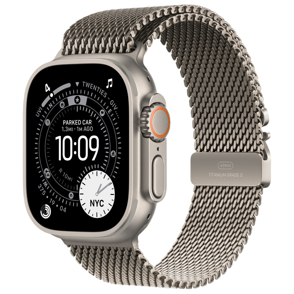 Фото Apple Watch Ultra 3 GPS + Cellular, 49 мм, корпус из натурального титана, ремешок Milanese цвета «натуральный титан», размер S На фото изображено Apple Watch Ultra 3 GPS + Cellular, 49 мм, корпус из натурального титана, ремешок Milanese цвета «натуральный титан», размер S