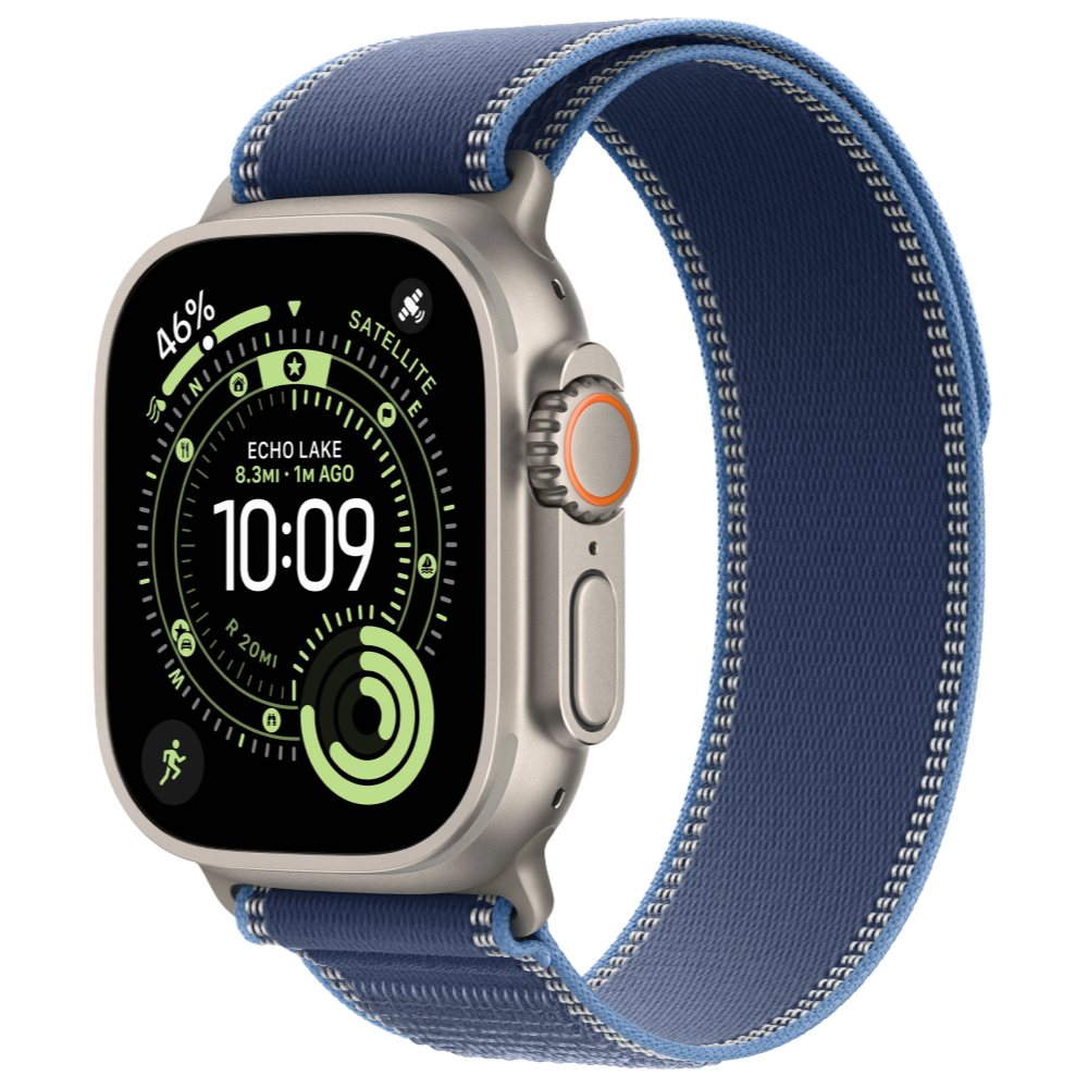 Фото Apple Watch Ultra 3 GPS + Cellular, 49 мм, корпус из натурального титана, ремешок Trail, цвет синий, M/L На фото изображено Apple Watch Ultra 3 GPS + Cellular, 49 мм, корпус из натурального титана, ремешок Trail, цвет синий, M/L