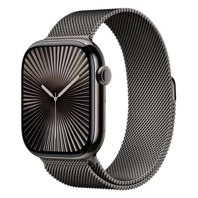 Фото Apple Watch Series 10, 46 мм, корпус из титана цвета «графит», ремешок Milanese графитового цвета, размер M/L Фото Apple Watch Series 10, 46 мм, корпус из титана цвета «графит», ремешок Milanese графитового цвета, размер M/L