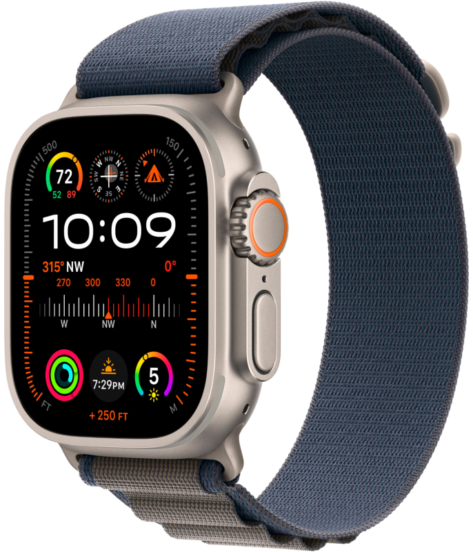 Фото Apple Watch Ultra 2 GPS + Cellular, 49 мм, корпус из титана, ремешок Alpine, цвет синий, M На фото изображено Apple Watch Ultra 2 GPS + Cellular, 49 мм, корпус из титана, ремешок Alpine, цвет синий, M