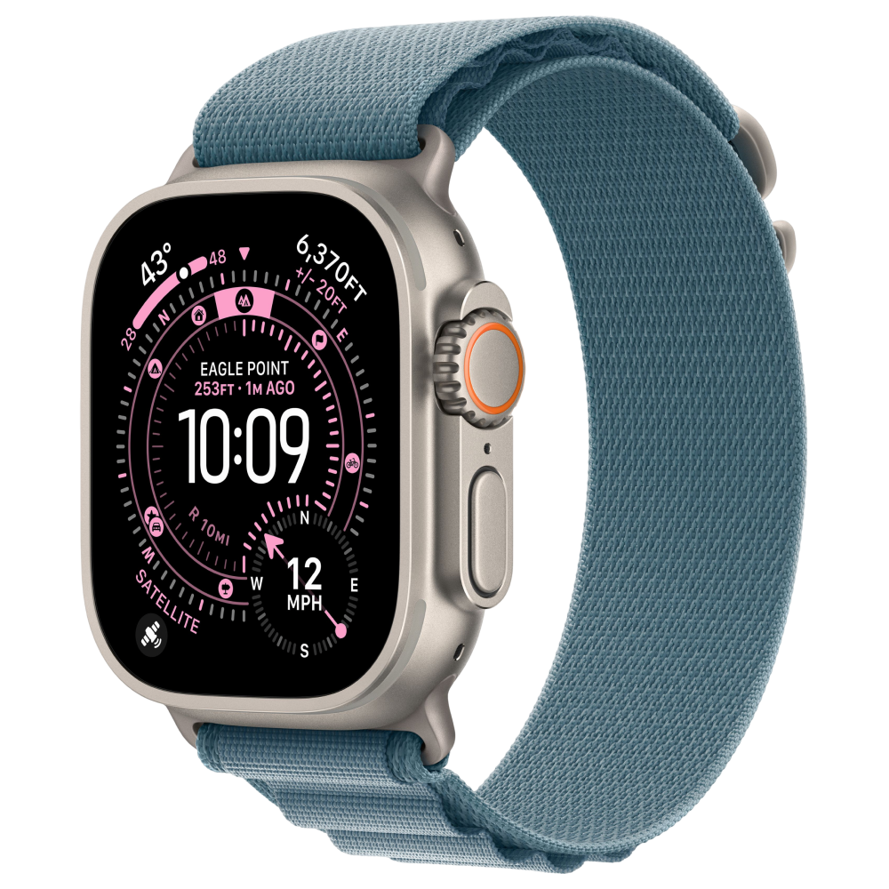 Фото Apple Watch Ultra 3 GPS + Cellular, 49 мм, корпус из натурального титана, ремешок Alpine, цвет светло-синий, L На фото изображено Apple Watch Ultra 3 GPS + Cellular, 49 мм, корпус из натурального титана, ремешок Alpine, цвет светло-синий, L