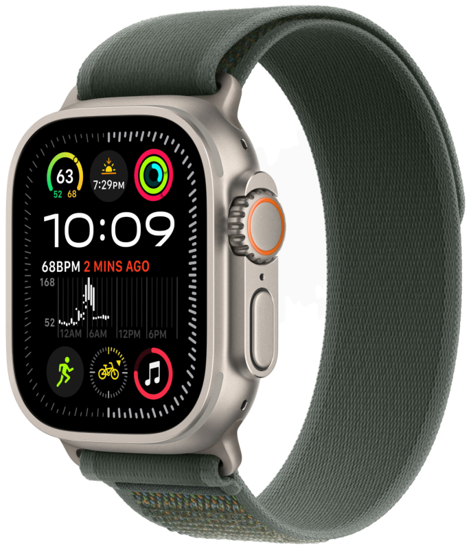Фото Apple Watch Ultra 2 GPS + Cellular, 49 мм, корпус из бежевого титана, ремешок Trail зелёного цвета, размер M/L Фото Apple Watch Ultra 2 GPS + Cellular, 49 мм, корпус из бежевого титана, ремешок Trail зелёного цвета, размер M/L